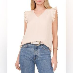 Vince Camuto V-Neck Pleated Shoulder Sundown Blouse Shirt Sleeveless Tapioca NWT